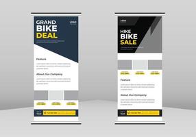 apertura del negozio di biciclette banner roll up design, nuovo modello di volantino roll up poster collezione bici. inaugurazione del negozio di biciclette flyer poster dl flyer, trend business roll up banner design vettore