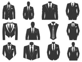 attività commerciale tute con cravatta silhouette impostare, tute cravatta silhouette, piatto completo da uomo e cravatta icona, smoking silhouette, elegante professionale smoking. vettore