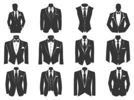 attività commerciale tute con cravatta silhouette impostare, tute cravatta silhouette, piatto completo da uomo e cravatta icona, smoking silhouette, elegante professionale smoking. vettore