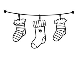 decorazione festiva con calze natalizie appese isolate su sfondo bianco. illustrazione vettoriale disegnata a mano in stile doodle. perfetto per disegni di vacanza, carte, logo, inviti.