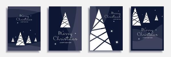 set di copertine per brochure buon natale e capodanno 2022. banner design minimale di natale con alberi geometrici bianchi e stelle su sfondo blu. illustrazione vettoriale per volantini, poster o biglietti di auguri