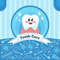 bambini dentale cura manifesto design con carino kawaii dente cartone animato personaggio vettore