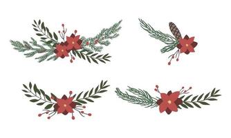 foglie e fiori di pino sono disegnati a mano in ghirlande in uno sfondo isolato. elementi vettoriali per decorazioni di design natalizio