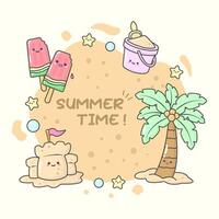 estate festa sabbia castello spiaggia ghiaccio crema anguria con carino facciale espressioni e pastello colore vettore