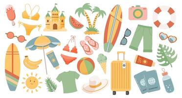 impostato di carino estate icone, adesivi. collezione di scrapbooking elementi per spiaggia festa. tropicale vacanza. vettore