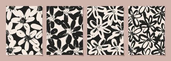 impostato di astratto Groovy floreale manifesti. di moda botanico parete arte con fiore design Stampa nel nero e bianca colori. moderno ingenuo per interno arredamento, coperchio, carta, sfondo e minimo Stampa. vettore