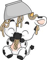 carino mucca mangiare spaghetto ciotola con bacchette vettore