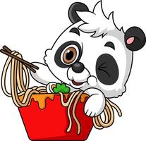 carino panda mangiare ramen ciotola con bacchette vettore