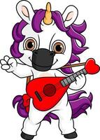 carino unicorno giocando chitarra cartone animato icona vettore