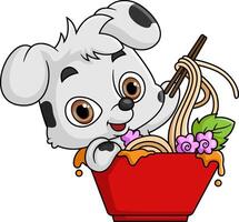 carino cane mangiare ramen ciotola con bacchette vettore