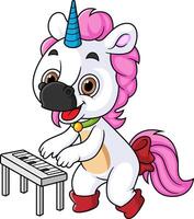 carino cartone animato unicorno giocando tastiera musica pianoforte vettore
