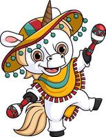 carino cartone animato unicorno giocando maracas musicale strumento e indossare Messico costume vettore