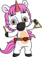 carino cartone animato unicorno giocando un' triangolo campana vettore