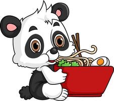 carino panda mangiare ramen ciotola con bacchette vettore