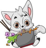 carino gatto mangiare ramen ciotola con bacchette vettore