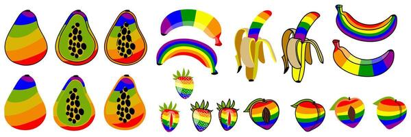 un' impostato di frutta dipinto nel tutti colori di il arcobaleno, con e senza contorno. pesca, Banana, papaia, fragola. multicolore frutta siamo totale e metà nel lgbt colori. adatto per sito web, blog vettore