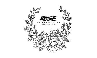 composizione di rose per la progettazione di inviti di nozze, piante e fiori per un'elegante cornice per lettere, illustrazione vettoriale disegnata a mano per un design romantico e vintage