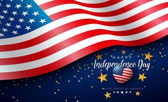 4 ° di luglio indipendenza giorno di il Stati Uniti d'America illustrazione con americano bandiera modello cuore, oro stella e caduta coriandoli su blu sfondo. il quarto di luglio nazionale celebrazione design con vettore