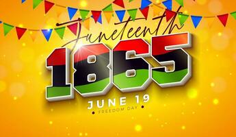 juneteenth la libertà giorno design. africano americano giugno 19 indipendenza giorno. annuale americano emancipazione vacanza illustrazione con 3d 1865 tipografia lettering e bandiera su brillante giallo sfondo vettore