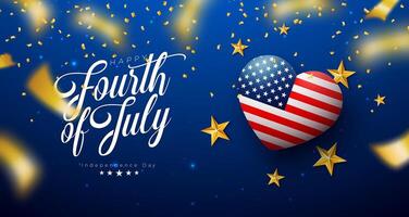 4 ° di luglio indipendenza giorno di il Stati Uniti d'America illustrazione con americano bandiera modello cuore, oro stella e caduta coriandoli su blu sfondo. il quarto di luglio nazionale celebrazione design con vettore