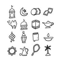 set di 16 icone islamiche popolari con uno stile di linea sottile. vettore di progettazione del logo islamico isolato in uno sfondo bianco. utilizzare per eventi islamici come ramadan kareem e ied mubarak o per risorse pittogrammi