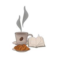 illustrazione di caffè, libro e brioche vettore