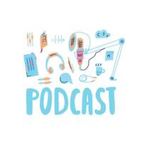 Podcast lettering con decorazione. design. vettore