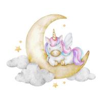 carino bambino fiaba unicorno addormentato su mezzaluna Luna nel nuvole, stelle. isolato acquerello illustrazione per logo, capretto merce, Abiti, tessili, cartoline, manifesto, bambino doccia e figli di camera vettore