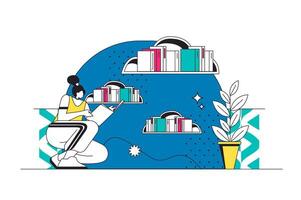 nube biblioteca schema ragnatela concetto nel moderno piatto linea design. donna lettura elettronico libri, scaricamento File a partire dal nube scaffali di Conservazione servizio, ottenere informazione in linea. illustrazione vettore