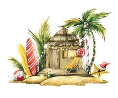 nuovo anno nel il tropici con bungalow, tavole da surf, palma alberi e Natale caramelle. acquerello illustrazione. composizione su un' bianca sfondo. per il design di turismo cartoline. vettore