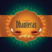 indiano dhanteras Festival carta con diya e d'oro monete vettore