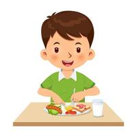 poco ragazzo contento per mangiare prima colazione. cartone animato illustrazione vettore