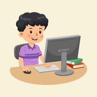 carino ragazzo seduta fare il suo compiti a casa con computer. bambini formazione scolastica concetto vettore