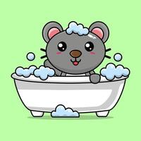 cartone animato carino topo bagnarsi nel vasca da bagno pieno con schiuma vettore