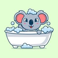 cartone animato carino koala bagnarsi nel vasca da bagno pieno con schiuma vettore