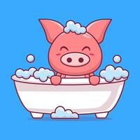 cartone animato carino maiale bagnarsi nel vasca da bagno pieno con schiuma vettore