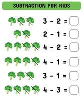 broccoli sottrazione gioco. matematica gioco per bambini in età prescolare. illustrazione. vettore