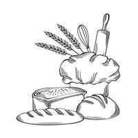 pane forno merce con chef cappello, cottura al forno utensili e Grano orecchie. francese pagnotta con rotolamento perno e frusta. grafico illustrazione, isolato. modello per avvolgere, libro di cucina, menù, vetrina, sito web vettore