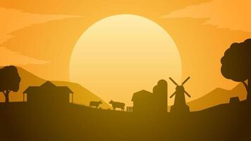 paesaggio illustrazione di azienda agricola silhouette con bestiame nel il tramonto vettore