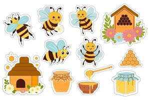impostato di adesivi con api, miele e alveare. illustrazione di apicoltura. collezione di carino divertente api nel diverso pose. vettore