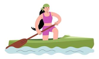 gli sport femmina atleta treni su kayak colore icona. nel posa con supporto su uno ginocchio, lei pagaie. canoa addestramento. canottaggio sprint. personaggio per gli sport classifica, ragnatela, mascotte. piatto illustrazione. vettore