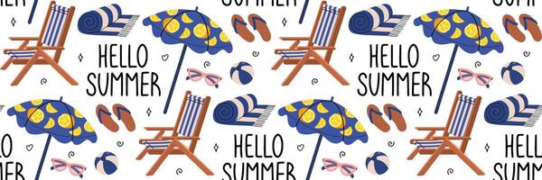 Ciao estate modello. spiaggia vacanza elementi. sfondo con lettino solare, ombrello, asciugamano e scarabocchio elementi. tropicale vacanza. per tessile, confezione, sfondo, scrapbooking. illustrazione. vettore