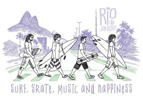 colorato illustrazione nel nudo stile di surfers e pattinatori attraversamento un' strada nel rio de janeiro città. arte nel cartone animato stile. vettore