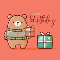 cartone animato orso con un' pacco regalo e contento compleanno Messaggio, ideale per compleanno carte, inviti, e sociale media messaggi. festivo e allegro design. vettore