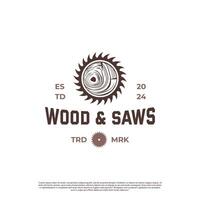 la lavorazione del legno logo con sega lama e albero linea icona retrò fricchettone Vintage ▾ vettore