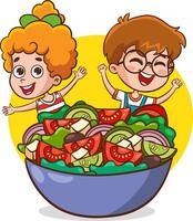 grande pasti e bambini. carino poco bambini siamo contento per mangiare insalata. divertente cartone animato carattere. illustrazione. isolato su bianca sfondo vettore