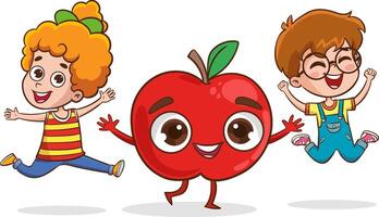 grande frutta e bambini. carino poco bambini avendo divertimento e giocando con grande frutta. divertente cartone animato carattere. illustrazione. isolato su bianca sfondo vettore