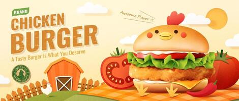 3d illustrazione di pollo hamburger anno Domini striscione, hamburger al di sopra di un' picnic plaid nel il azienda agricola con chili e pomodori vettore
