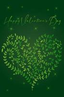 opuscolo di volantino di invito banner biglietto di auguri di San Valentino. tavolozza in oro verde stile eco naturale. a forma di cuore foglie ramo e scritte vettore