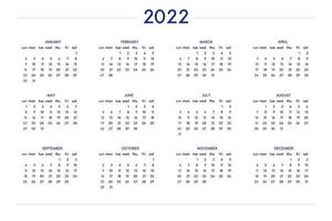 Calendario 2022 impostato in classico stile rigoroso. calendario da tavolo da parete, design aziendale minimale per notebook e pianificatore. la settimana inizia di domenica vettore